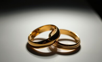 A close-up of two elegant gold wedding rings on a white surface, illuminated by soft natural light, symbolizing love, marriage, commitment, and eternity.