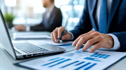 A close-up view of a business professional analyzing data on a laptop and printed charts. The environment showcases focus and productivity in a modern office setting.