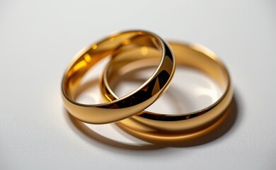 A close-up of two elegant gold wedding rings on a white surface, illuminated by soft natural light, symbolizing love, marriage, commitment, and eternity.