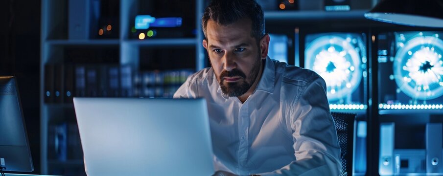 Focused it engineer working late night in a data center using a laptop to monitor servers