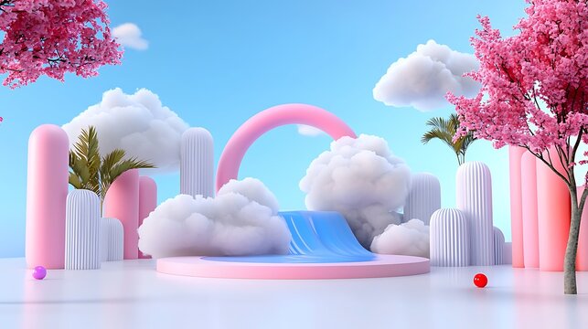 Dreamy Pastel Landscape with Cherry Blossoms and Clouds