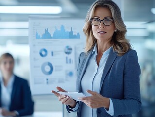 Fototapeta premium A confident businesswoman presents essential data and analytics to her team in a modern office setting, showcasing her leadership skills and professionalism.