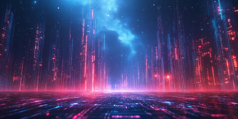 Futuristic digital landscape virtual realm 3d artwork neon lights wide-angle view cyberpunk concept for seo impact