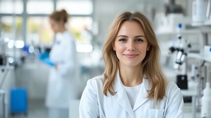 Fototapeta premium A confident female scientist in a lab coat stands in a modern laboratory, showcasing innovation and dedication