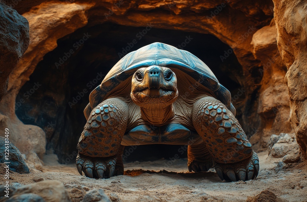 Poster close-up of a majestic tortoise in natural cave setting surrounded by textured rocks and earth, show
