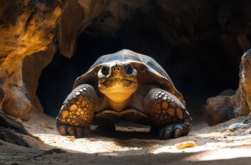 Close-Up of a Majestic Tortoise in Natural Habitat Emerging from Cave with Warm Light and Detailed Shell Patterns