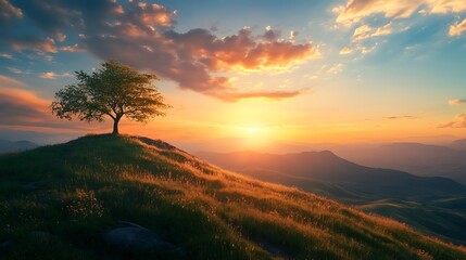 Fototapeta premium Solitary Tree on Hilltop at Sunset, Majestic Mountain Landscape