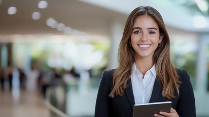 Fototapeta premium A confident woman in a professional setting, smiling and holding a tablet. The vibrant background suggests a dynamic workplace, representing modern business and leadership.