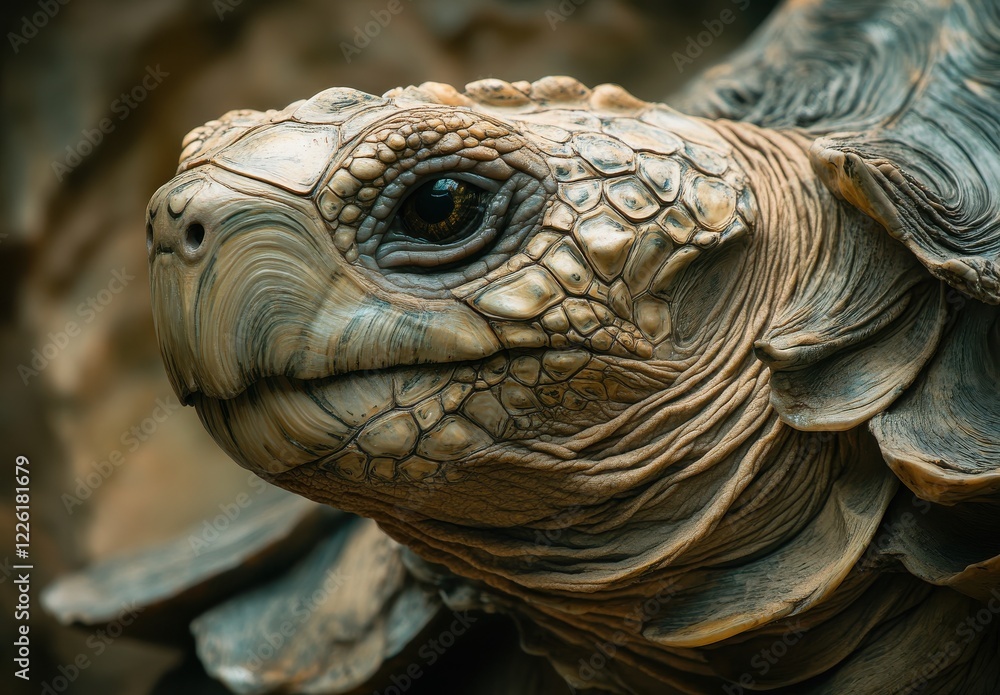 Poster close-up of a majestic tortoise with intricate shell patterns and textures, highlighting natural bea