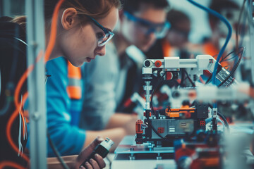 Students programming and assembling robot project in engineering workshop class. STEM Education.