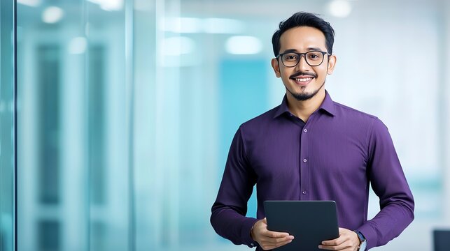 A confident young man in a purple shirt smiles while holding a tablet in a modern office setting, exemplifying professionalism and approachability in the workplace.
