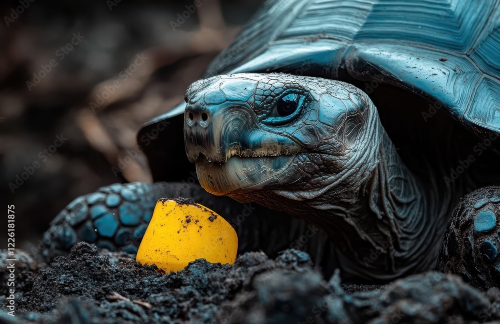 Poster close-up of a majestic turtle interacting with a bright yellow object on dark soil, emphasizing natu