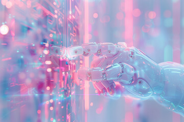 Naklejka premium Humanoid robot hand interacting with glowing holographic digital display. Artificial intelligence in Cyberpunk control room.