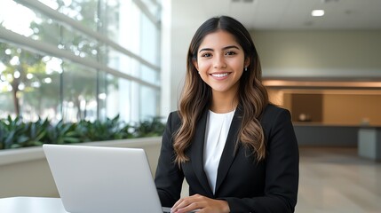 A confident young woman smiles while working on her laptop in a modern office environment. Natural light fills the space, enhancing her professional and approachable demeanor.
