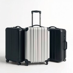 Three suitcases ready for vacation getaway on white background