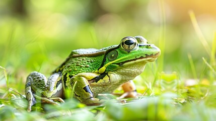 Obraz premium Green frog is sitting in grass and enjoying the sun