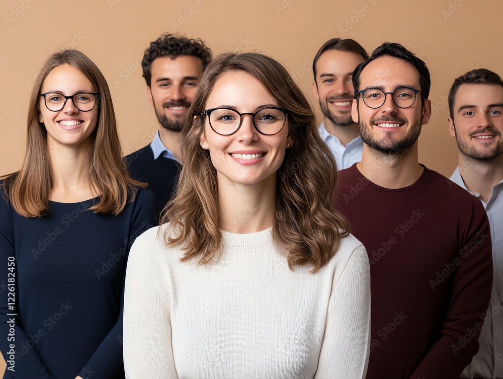 Poster a diverse group of professionals smiling together, showcasing teamwork and collaboration. ideal for 
