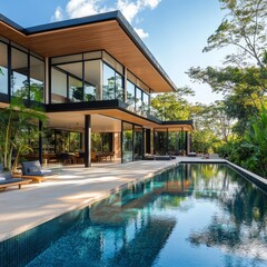 A striking modern house with expansive glass walls surrounded by lush greenery and featuring a sleek pool, creating a seamless blend of indoor and outdoor living spaces.