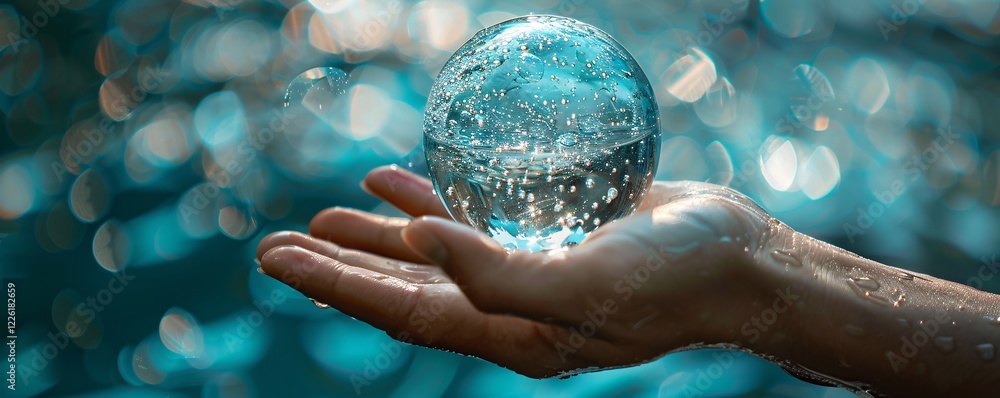 Poster crystal ball is being held in a hand with water splashing in the background, symbolizing themes of n