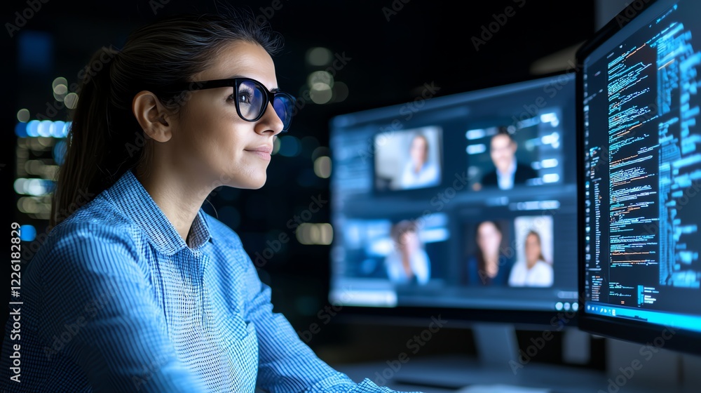 Poster a focused female programmer works late at night in front of multiple monitors displaying various cod