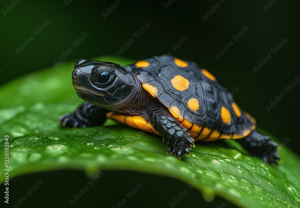 Poster close-up of a small turtle with yellow spots resting on a vibrant green leaf in a lush natural envir