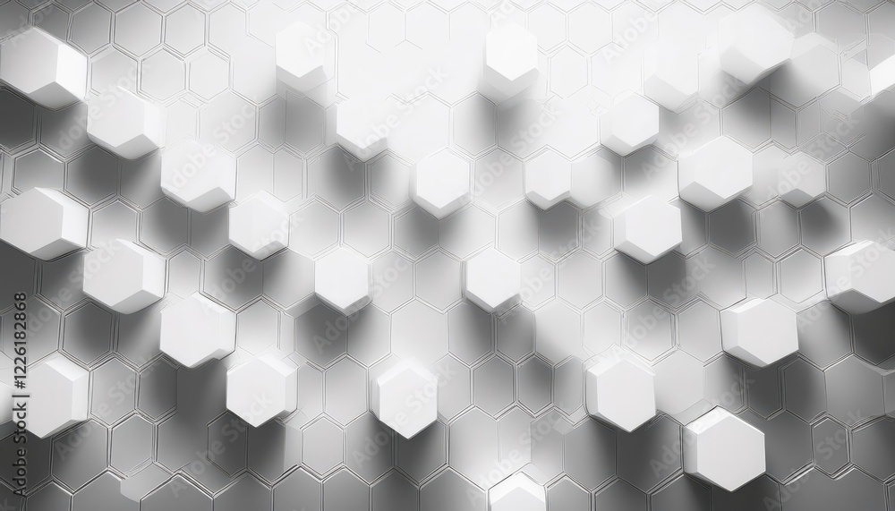 Poster futuristic geometric abstraction widescreen hexagonal backdrop with white hexagons, evoking a sleek 