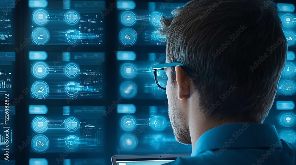 Aufkleber a focused individual working in front of multiple digital screens displaying data and analytics. the