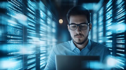 A focused man working on a laptop in a server room. Surrounded by digital data streams, he reflects the modern blend of human intellect and advanced technology in its environment.