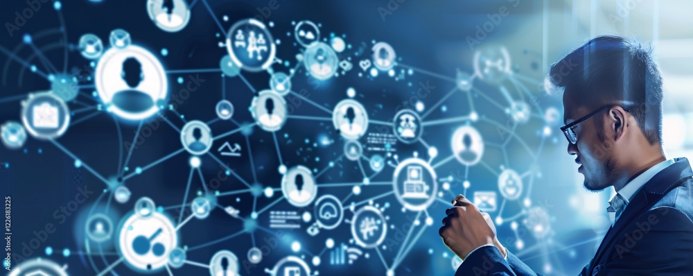 Poster Businessman analyzes a virtual graphic big data connection interface using a smartphone