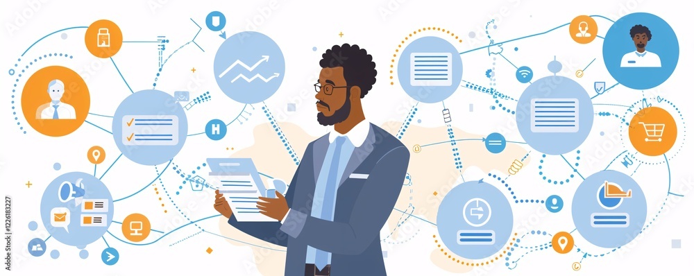 Aufkleber Businessman analyzing data flow chart managing business processes organization working with data