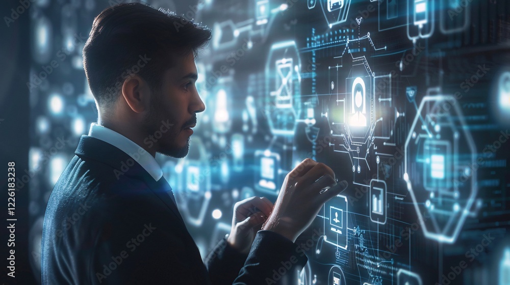 Poster Businessman is touching a futuristic interface of a digital virtual web network