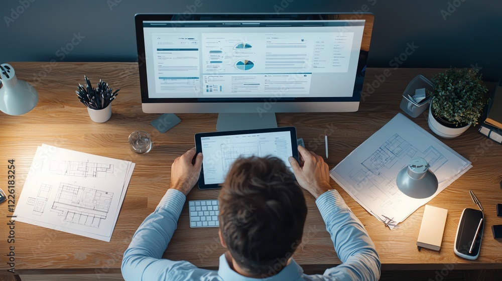Poster a focused professional working at a desk with a tablet and computer. surrounded by papers and a lamp
