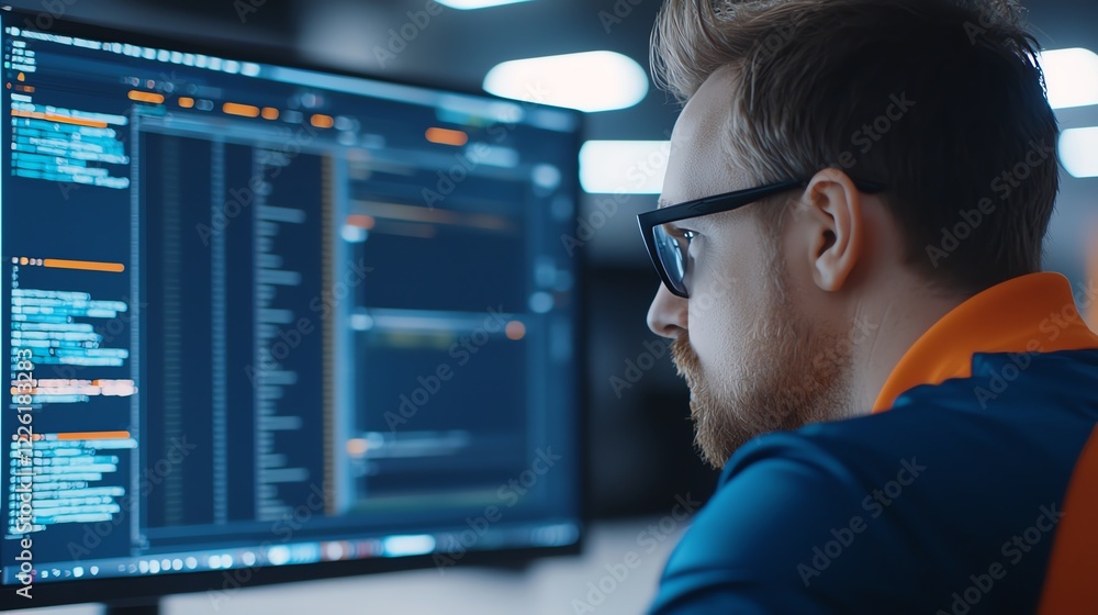 Aufkleber a focused programmer works on computer code, surrounded by high-tech screens. the image captures the
