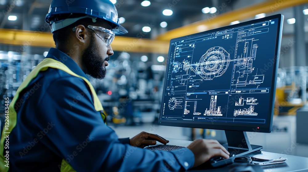 Poster a focused worker in safety gear engages with advanced technology on a computer screen, analyzing dat