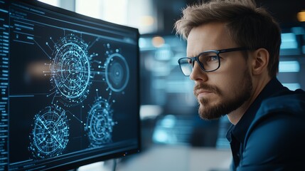 A focused young man with glasses gazes at a computer screen filled with intricate graphs and data visualizations, showcasing modern technology and digital innovation.