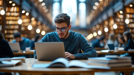 Obraz premium A focused young man studies intently at a library desk