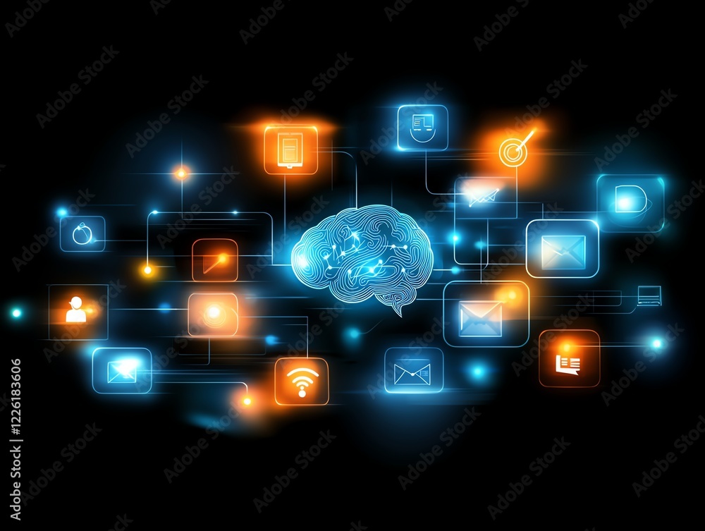 Poster a futuristic digital brain surrounded by glowing icons representing technology, communication, and t