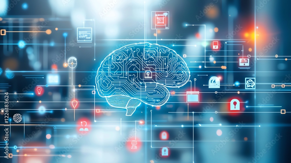 Poster a futuristic digital brain surrounded by interconnected icons representing data security, intelligen