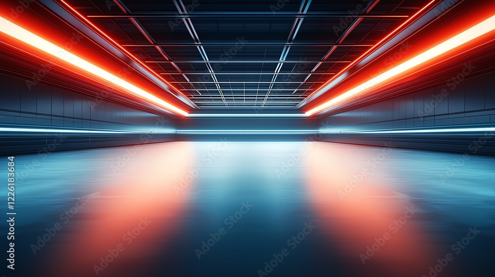 Poster a futuristic, illuminated corridor with vibrant red and blue lighting, creating a dynamic atmosphere