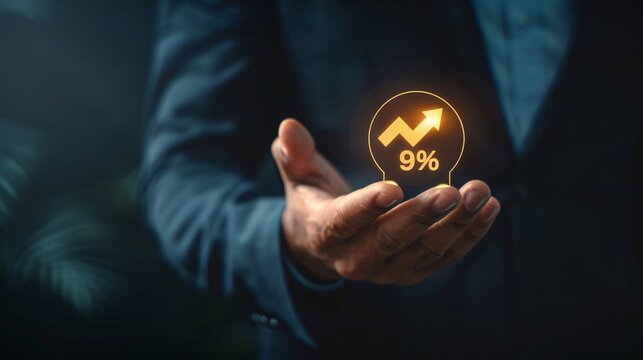 Businessman is holding a growing up arrow and 9 percent sign, business concept and growth success process