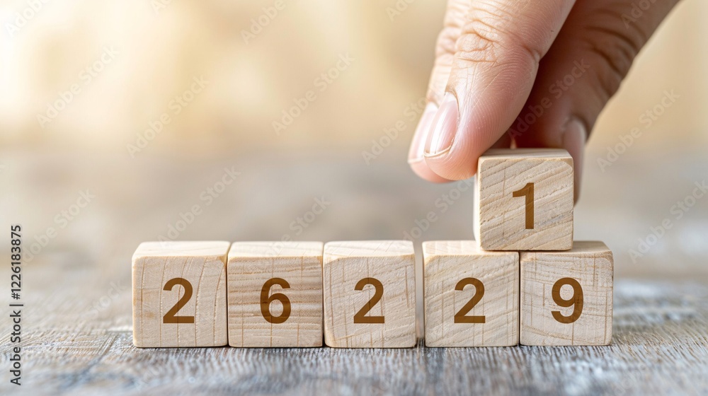 Poster Close-up of hand flipping wooden cube block changing from 2020 to 2021 on table background for preparation new year change and start new business target strategy concept