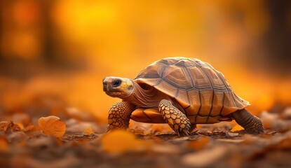 Fototapeta premium Close-Up of a Tortoise Walking Through Vibrant Autumn Leaves in a Scenic Natural Environment with Warm Tones and Soft Focus Background