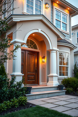 Luxury Home Exterior at Dusk: Modern Architecture and Classic Design.  Elegant entrance with columns and landscaping. Real estate photography.