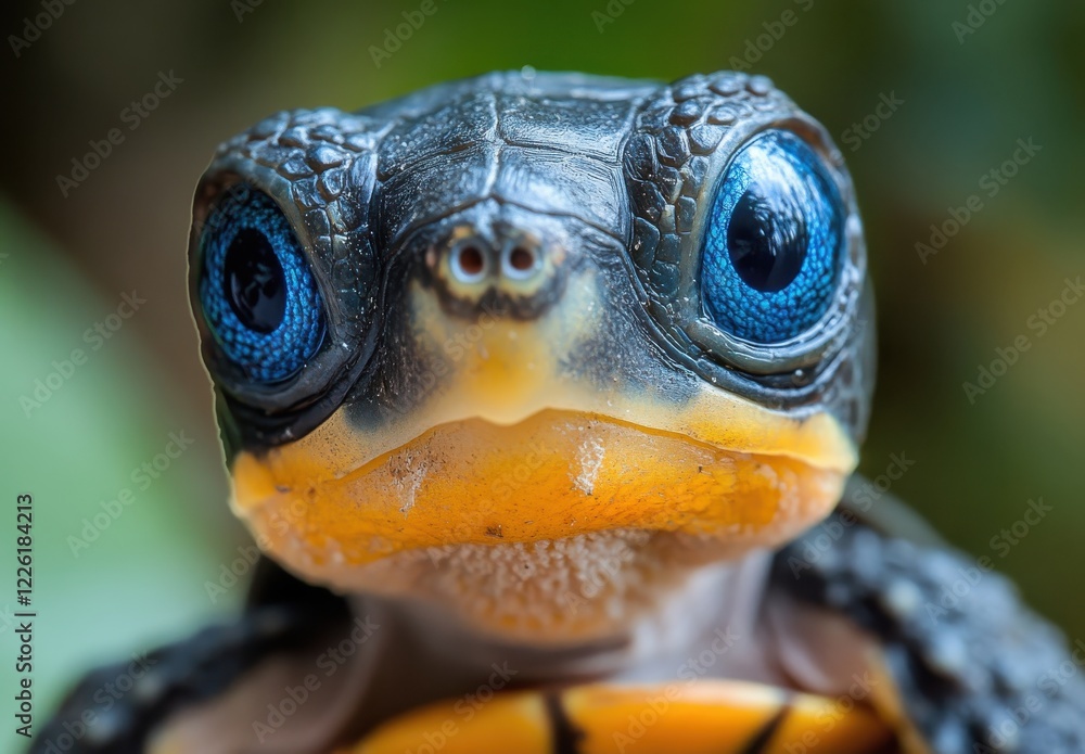 Poster close-up of a unique turtle displaying vibrant blue eyes and distinctive facial features on a soft g