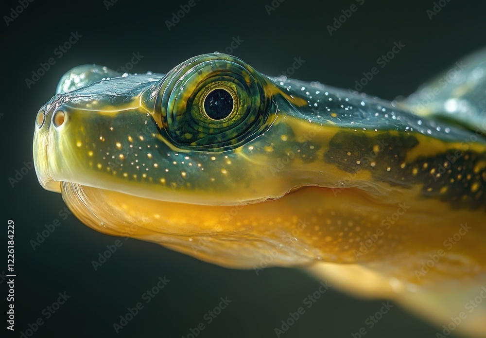 Poster close-up of a unique turtle with distinctive patterns and colors against a dark background, showcasi
