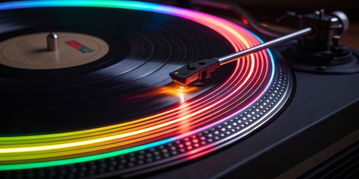 Colorful lights illuminate a vinyl record as a turntable spins in a cozy room during a music session