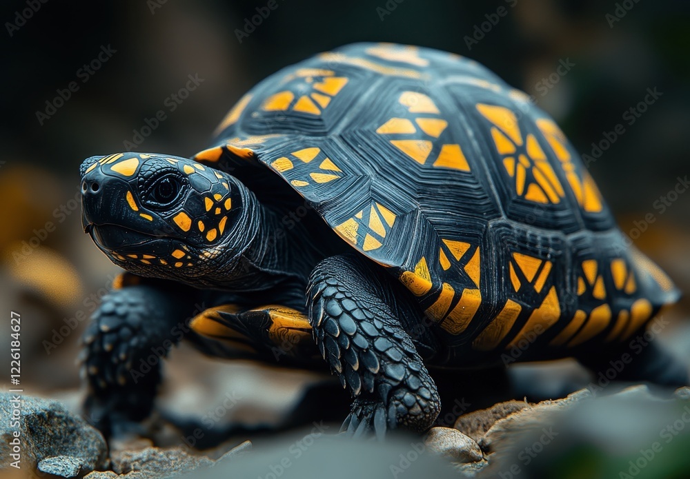 Poster close-up of a vibrant tortoise resting on rocky terrain, showcasing intricate shell patterns and tex