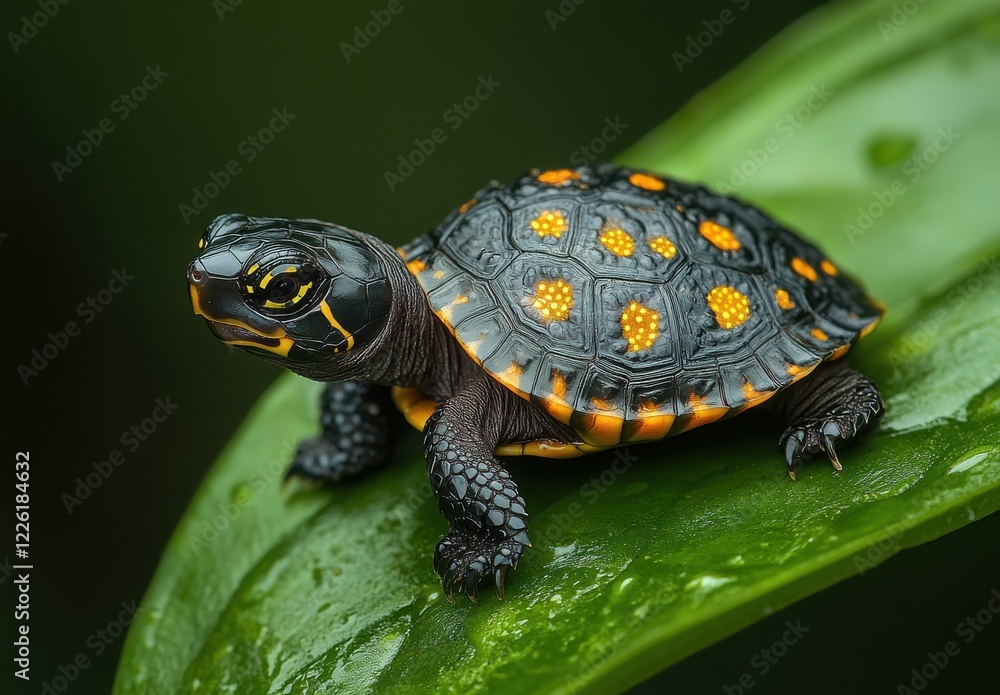 Poster close-up of a vibrant turtle resting on a green leaf with rain droplets showcasing intricate pattern