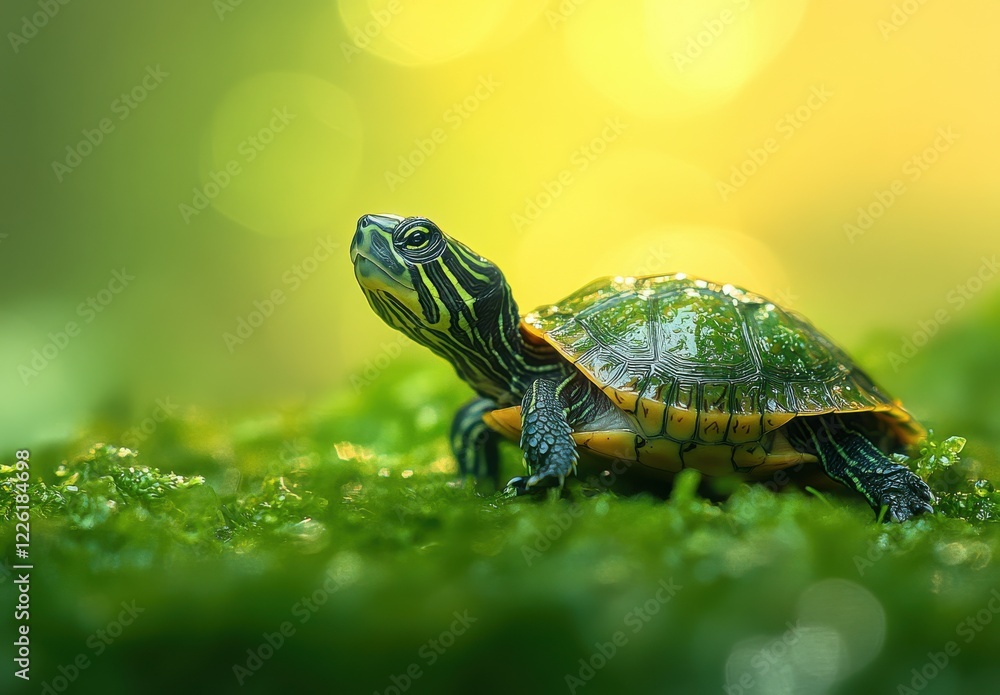 Poster close-up of a vibrant turtle resting on a mossy surface in a serene natural environment with soft su