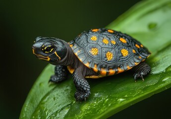 Obraz premium Close-up of a vibrant turtle resting on a green leaf with rain droplets showcasing intricate patterns and textures of reptilian skin and habitat.